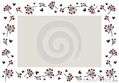 Berries and hearts. Hand drawn doodle rectangle vector frame. Vector Illustration